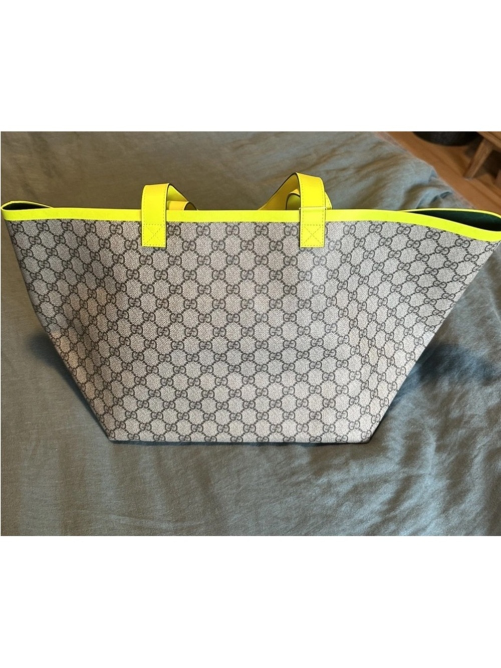 Gucci Tortissima Monogram Tote with Neon Yellow Trim - Picture 3 of 9